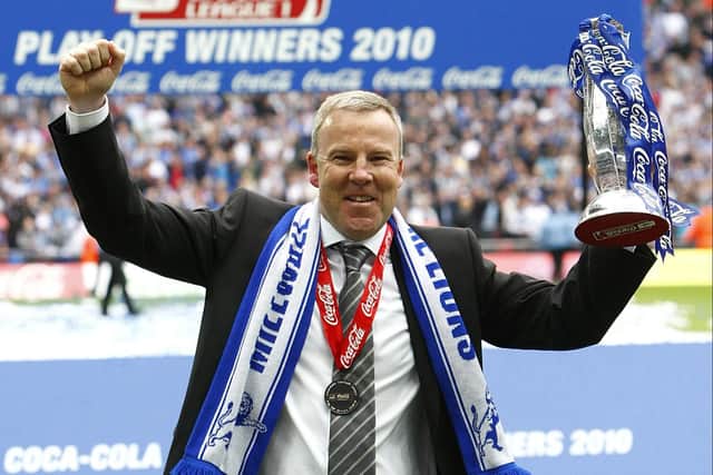 Kenny Jackett celebrates Millwall's League One play-off success at Wembley in 2010