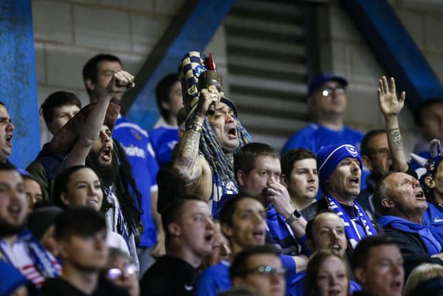 Pompey fans during the Checkatrade Trophy semi-final win at Bury. Picture: Daniel Chesterton/phcimages.com)