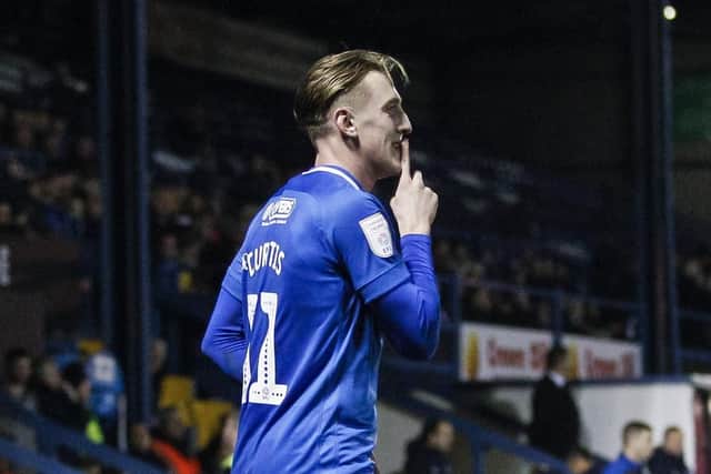 Ronan Curtis celebrates his goal at Bury in the Checkatrade Trophy semi-final. Picture: Daniel Chesterton/phcimages.com