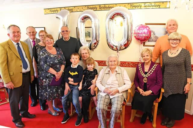 Great-aunt Olive with her family and Mayor of Fareham, Cllr Susan Bayford, at Whiteoaks Rest Home, Fareham. Picture: Malcolm Wells