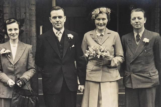 Olive Kennedy with her husband Reginald Kennedy on their wedding day in London, accompanied either side by their two witnesses. Picture copied by:  Malcolm Wells (190320-5356)