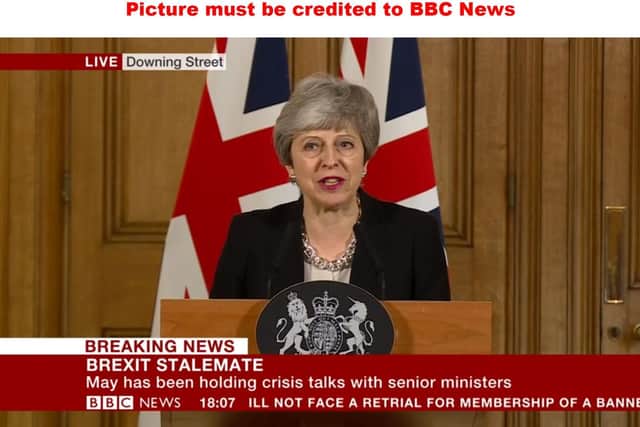 Prime Minister Theresa May making a statement inside 10 Downing Street on the government's plan for Brexit moving forward. Picture: BBC News/PA Wire