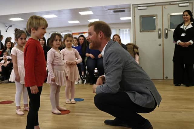 The Duke of Sussex chats to children taking part in ballet class for 4 to 6 year olds during a visit to YMCA South Ealing, London. Picture: Adrian Dennis/PA Wire