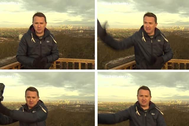 BBC weather presenter Matt Taylor stopping a piece of heavy equipment falling on him during a live broadcast. Picture: BBC/PA Wire