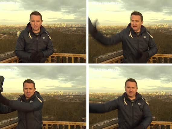 BBC weather presenter Matt Taylor stopping a piece of heavy equipment falling on him during a live broadcast. Picture: BBC/PA Wire