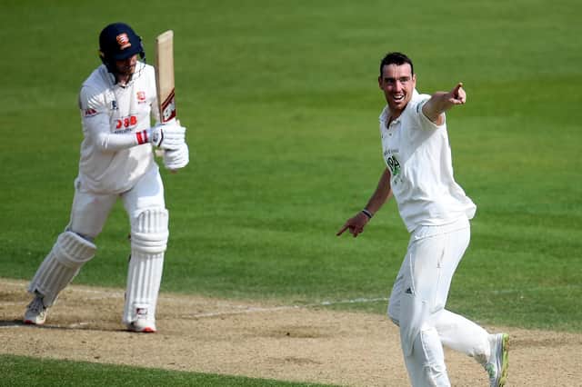 Kyle Abbott of Hampshire celebrates after dismissing Jamie Porter of Essex during day four of the match against Essex. Picture: Harry Trump/Getty Images