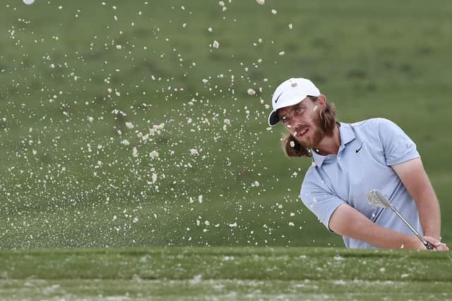 Tommy Fleetwood works on his bunker shot for the Masters golf tournament at the practice range at Augusta National Golf Club in Augusta, Ga., Monday, April 8, 2019. (Curtis Compton/Atlanta Journal-Constitution via AP)