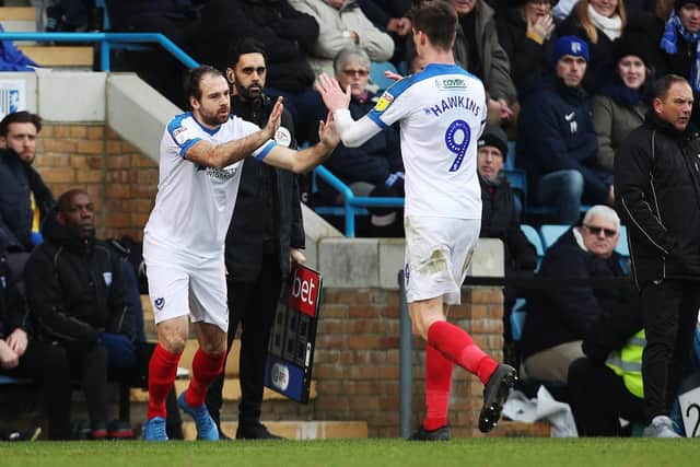 Brett Pitman, left, and Oli Hawkins have impressed as a forward partnership in recent games. Picture: Joe Pepler