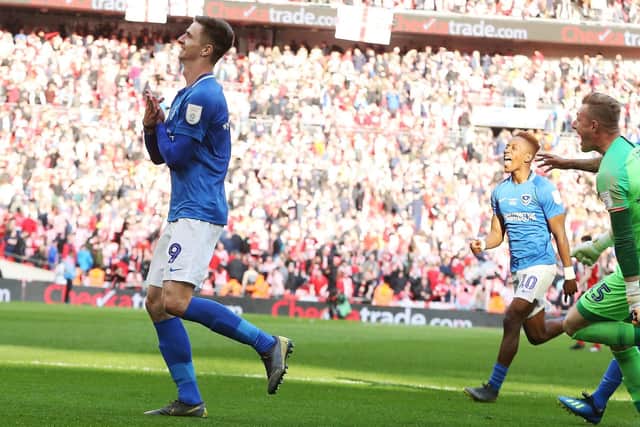 Oliver Hawkins celebrates scoring the winning penalty in the Checkatrade Trophy final at Wembley. Picture: Joe Pepler