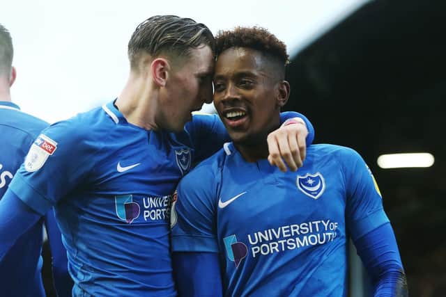 Jamal Lowe, right, celebrates scoring against Southend with Ronan Curtis. Picture: Joe Pepler