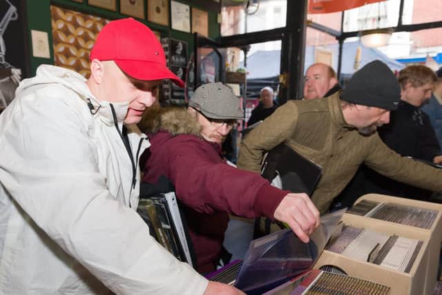 Music fans search the racks on Record Store Day 2018 at Pie and Vinyl in Southsea. Picture: Duncan Shepherd (180341-003)