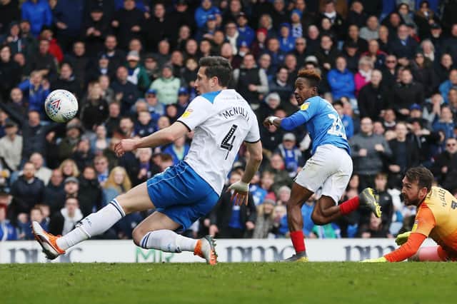 Jamal Lowe adds a fourth for Pompey against Rochdale. Picture by Joe Pepler/Digital South.
