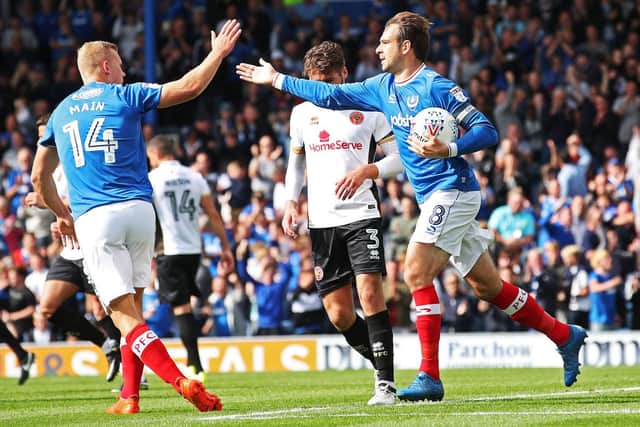 Brett Pitman celebrates his first penalty for Pompey against Walsall in August 2017. Picture: Joe Pepler