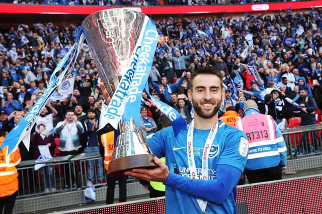 Ben Close celebrates Pompey's Checkatrade Trophy triumph at Wembley. Picture: Joe Pepler