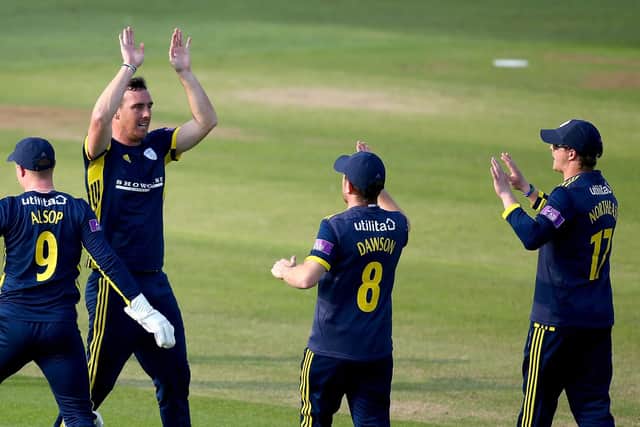 Kyle Abbott celebrates claiming a wicket against Kent. Picture  by Jordan Mansfield/Getty Images