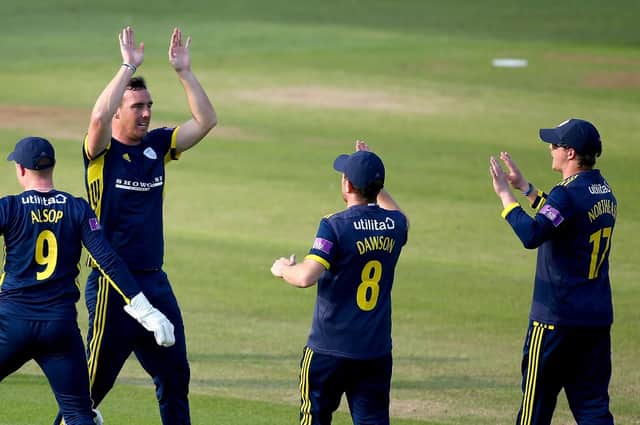 Kyle Abbott celebrates claiming a wicket against Kent. Picture  by Jordan Mansfield/Getty Images