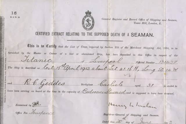 The original certified extract, relating to the death of seaman Richard Geddes. Picture: Henry Aldridge and Son Ltd/PA Wire