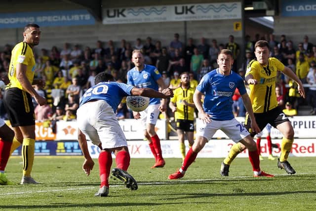 Burton appealed Nathan Thompson handled the ball in the build-up to Matt Clarke's winner for Pompey. Picture: Daniel Chesterton