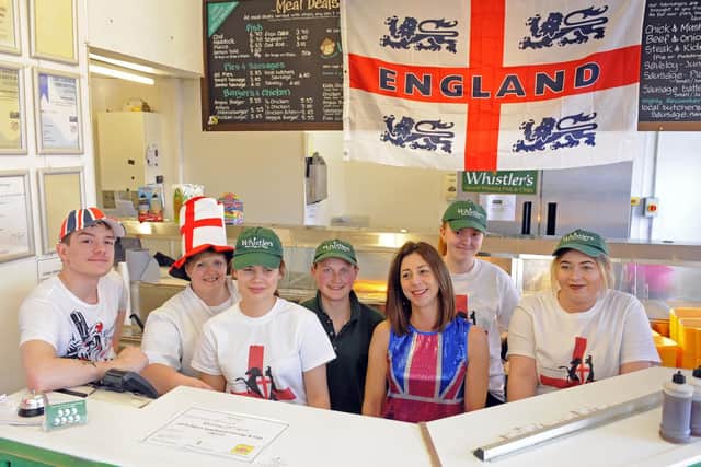 Co-owner of Whistler's, Rana Denholm, third-right, with staff at a previous St George's Day event. Picture: Malcolm Wells
