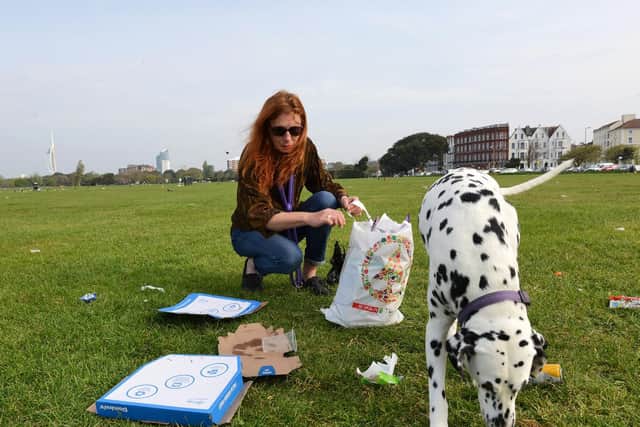Yvette Davis and her Dalmatian Lola collect rubbish including pizza boxes on Southsea Common this morning. Photo: Morten Watkins/Solent News & Photo Agency