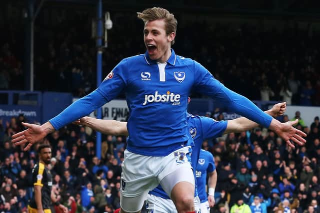 Adam Webster celebrates scoring for Pompey. Picture: Joe Pepler