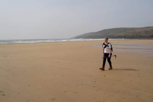 Jane Allen on a walk at Freshwater West, Pembrokeshire, whilst recovering from her fall.