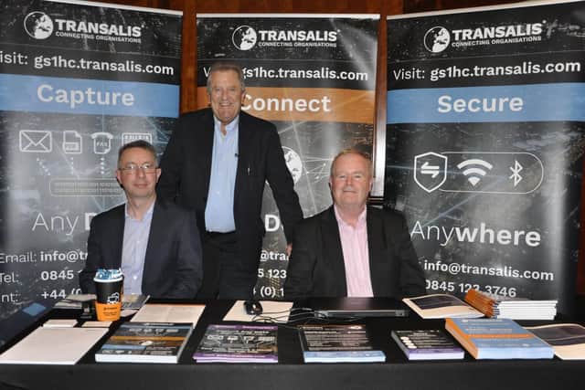 Manning the Transalis stand at the GS1UK Healthcare Conference are, from left: Ian Moody, Roy Garlick and Hugh Chambers. The event was held at the Radisson Blu Edwardian, Heathrow.