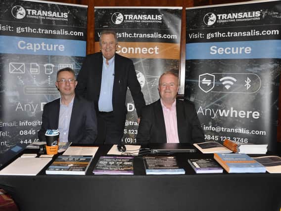 Manning the Transalis stand at the GS1UK Healthcare Conference are, from left: Ian Moody, Roy Garlick and Hugh Chambers. The event was held at the Radisson Blu Edwardian, Heathrow.