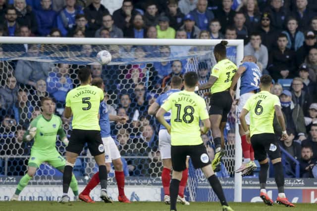 Ivan Toney heads home for Peterborough. Picture: Robin Jones