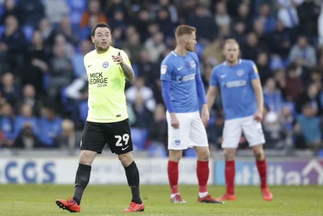 Lee Tomlin celebrates. Pompey v Peterborough at Fratton Park