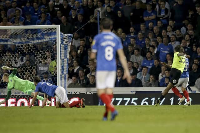 Ivan Toney nets Peterborough's winner against Pompey Picture: Robin Jones.