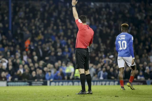 Referee Dean Whitestone rules out Viv Solomon-Otabor's goal for offside. Picture: Robin Jones