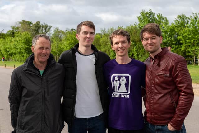 Groom Martin Stockley, second from right, at Fareham parkrun with his dad Keith, left, brother Calum and cousin and best man Tom. Picture: Vernon Nash (270419-021)