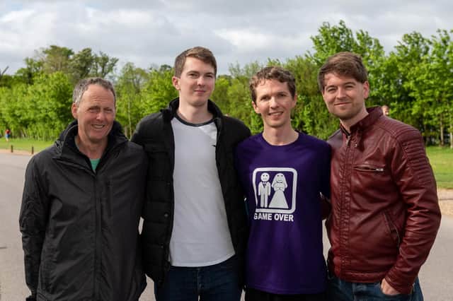 Groom Martin Stockley, second from right, at Fareham parkrun with his dad Keith, left, brother Calum and cousin and best man Tom. Picture: Vernon Nash (270419-021)