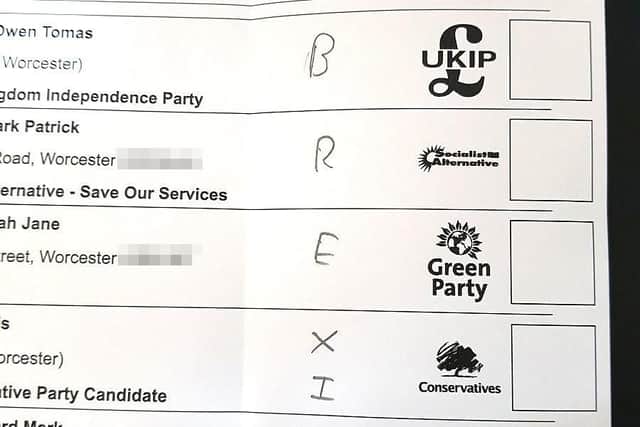 Handout photo taken with permission from @Jord16 of a spoiled ballot paper with the word Brexit written on it. Picture: @Jord16/PA Wire