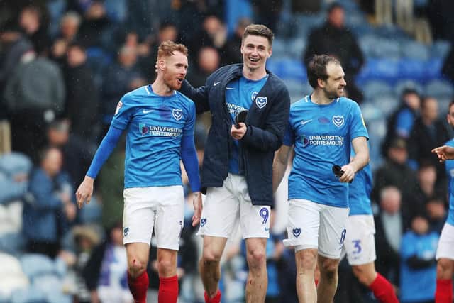 League One - Portsmouth vs Rochdale - 13/04/19
Portsmouths Tom Naylor, Portsmouths Oliver Hawkins, Portsmouths Brett Pitman celebrate win