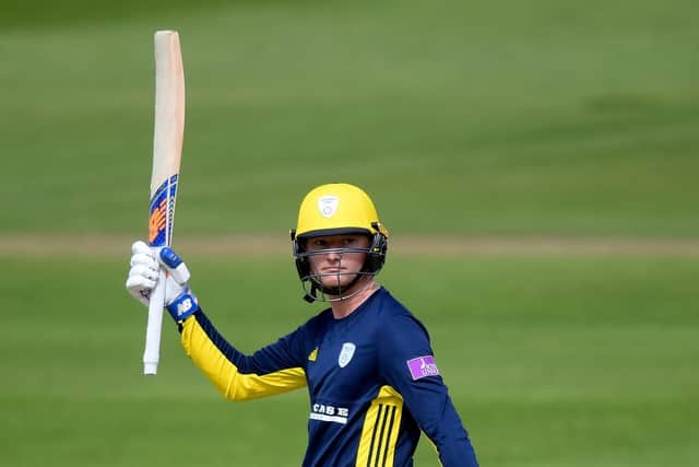 Aneurin Donald celebrates reaching his 50 against Somerset. Picture: Alex Davidson/Getty Images