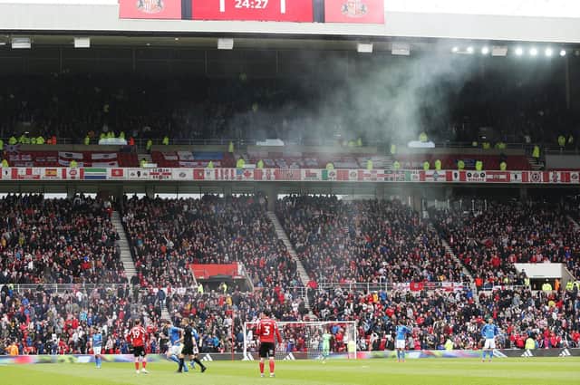 Pompey have been given a reduced Stadium of Light allocation for the play-off semi-final first leg, following a pyrotechnic incident in last month's encounter. Picture: Joe Pepler