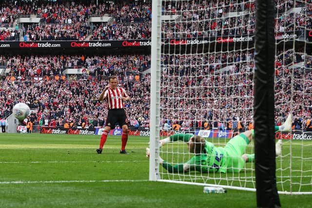 Craig MacGillivray keeps out Lee Cattermole's penalty at Wembley. Picture: Joe Pepler