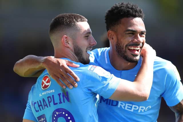 Jordan Willis, right, with former Pompey striker Conor Chaplin  Picture: Catherine Ivill/Getty Images