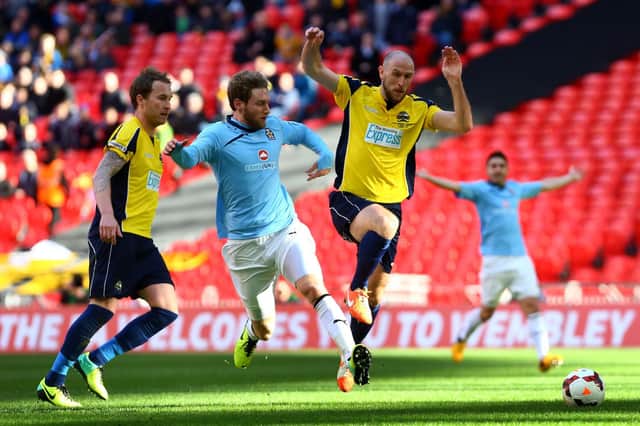 Lee Molyneaux in action for Gosport Borough during the FA Trophy final loss to Cambridge. Picture: Gareth Fuller