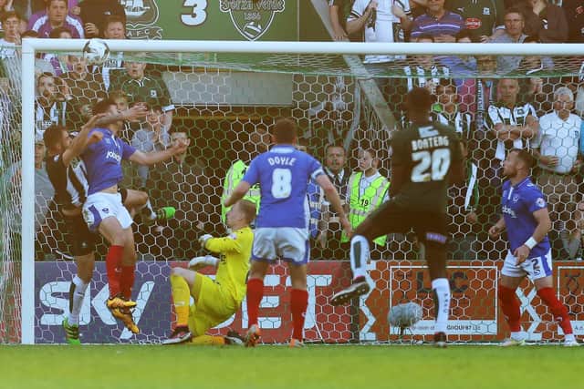 Peter Hartley nets Plymouth's winner against Pompey in the 2016 League Two play-off semi-final second leg. Picture: Joe Pepler