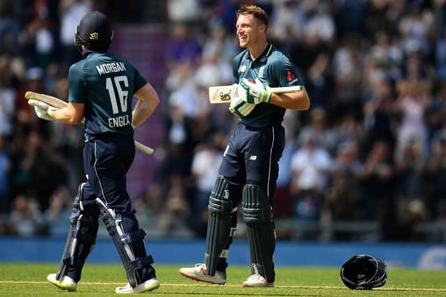 Jos Buttler celebrates after scoring a century against Pakistan at the Ageas Bowl. Picture: Harry Trump/Getty Images