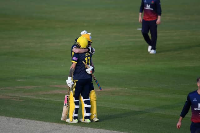 Gareth Berg and James Fuller of Hampshire celebrate victory during the Royal London One Day Cup Semi-Final match between Hampshire and Lancashire at the Ageas Bowl. Picture: Alex Davidson/Getty Images