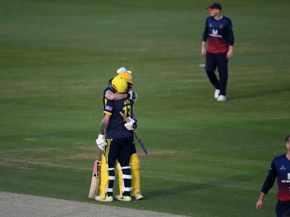 Gareth Berg and James Fuller of Hampshire celebrate victory during the Royal London One Day Cup Semi-Final match between Hampshire and Lancashire at the Ageas Bowl. Picture: Alex Davidson/Getty Images
