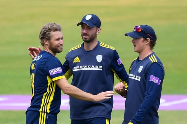 James Vince, Sam Northeast and Gareth Berg of Hampshire celebrate the wicket of James Anderson during the Royal London One Day Cup Semi-Final match between Hampshire and Lancashire at the Ageas Bowl. Picture: Alex Davidson/Getty Images