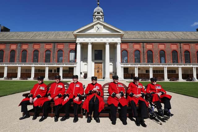 Chelsea Pensioners from left, Roy Cadman, James George, Bill Fitzgerald, Ernie Boyden, Frank Mouque, George Skipper, and Arthur Ellis during a photocall to honour the Royal Hospital Chelsea's remaining Battle of Normandy and D-Day veterans Picture: Jonathan Brady/PA Wire
