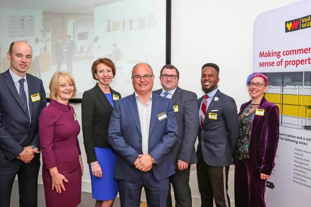 THOUGHT LEADERSHIP: Matthew Samuel-Camps, Managing Partner at property consultancy Vail Williams LLP, centre, with guest speakers at the consultancys annual Solent Thought Leadership event. From left, Rob Stangroom of Irwin Mitchell, Sarah Kavanagh of Southern Co-op, Jane Holt of Southampton Science Park, Matthew, Philip Gray of Irwin Mitchell, Terence Dankyi and Carrie Foster.