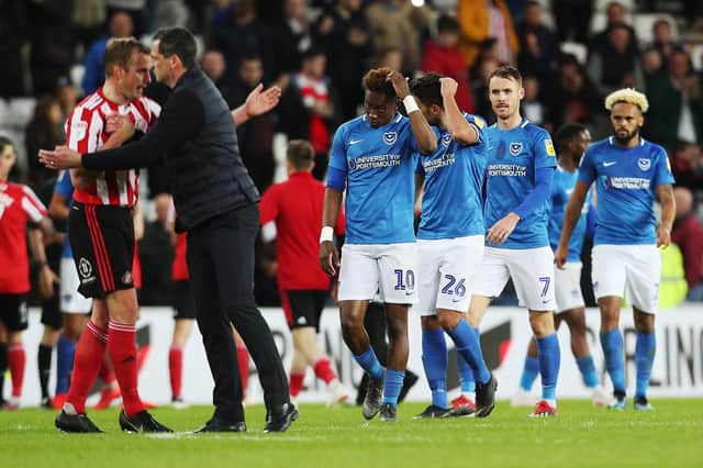 Pompey dejected after their League One play-off semi-final first leg loss at Sunderland. Picture: Joe Pepler