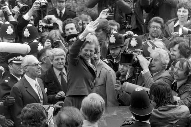 Conservative prime minister Margaret Thatcher celebrates her first general election victory in Chelsea on May 4, 1979. Picture: Central Press/Getty Images